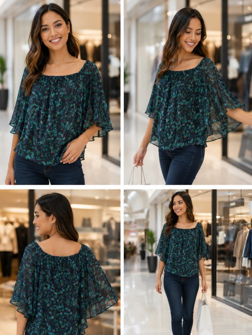 Off-Shoulder Forest Fairy Top Leaf Print M Sheer Lined Flair Sleeve Whimsygoth